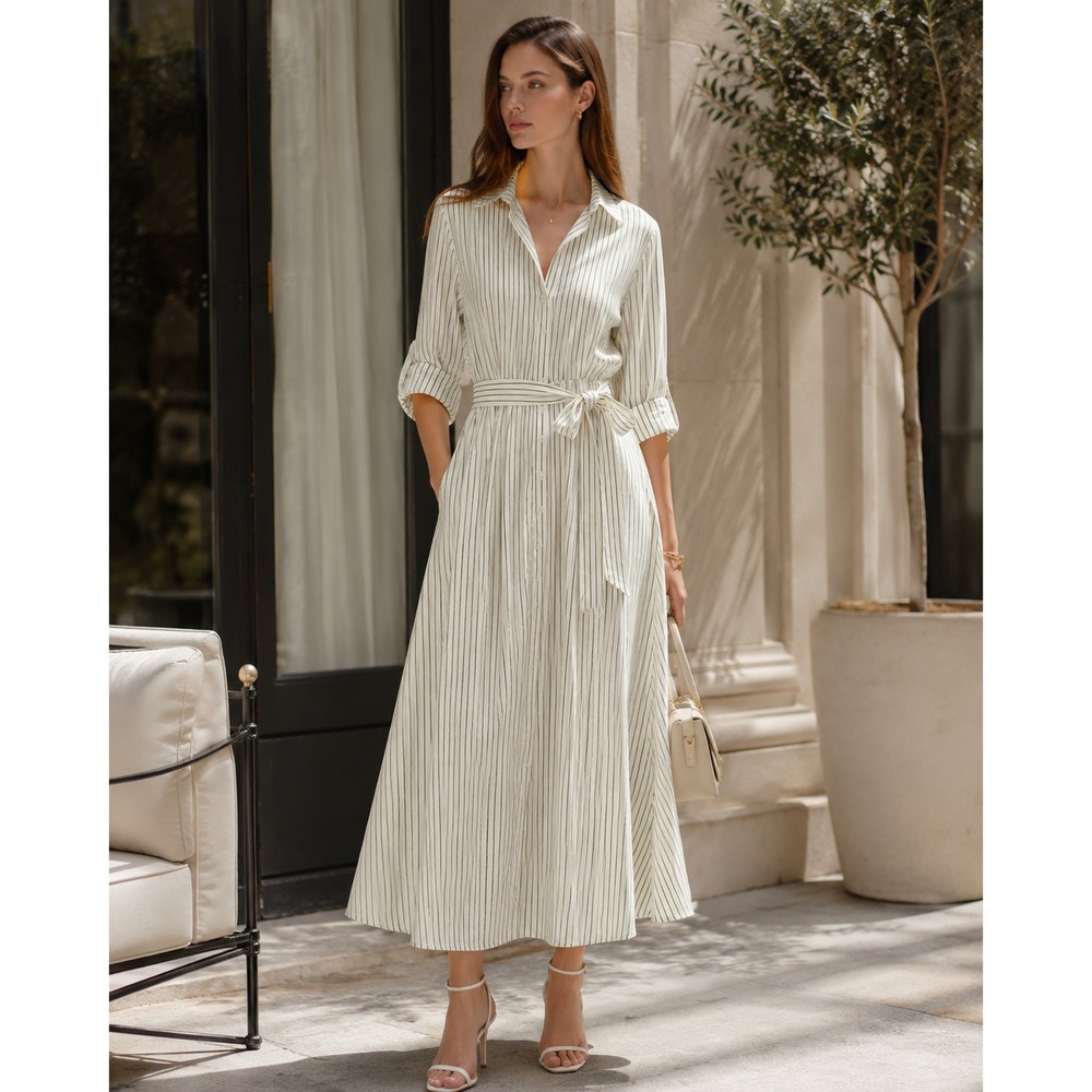 Miss Circle Danica Bamboo Midi Shirt Dress S Green Stripe Belted NWT $269